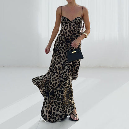 Damen Maxikleid Leoprint Elegant Tiefes Dekolleté