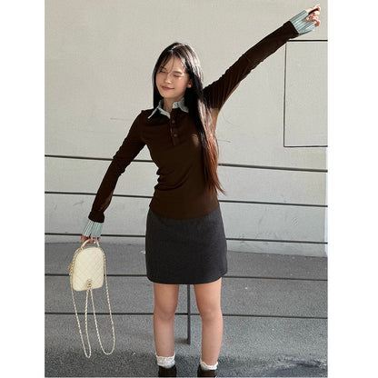 Damen Langarmshirt mit farbigem Kragen Eveloria