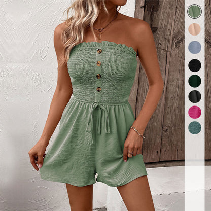 Damen Jumpsuit Schulterfrei Knopfdetails Taillenkordel Eveloria - Eveloria