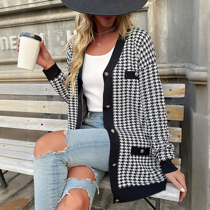 Damen Strickcardigan Hahnentritt-Muster Große Knöpfe Lang