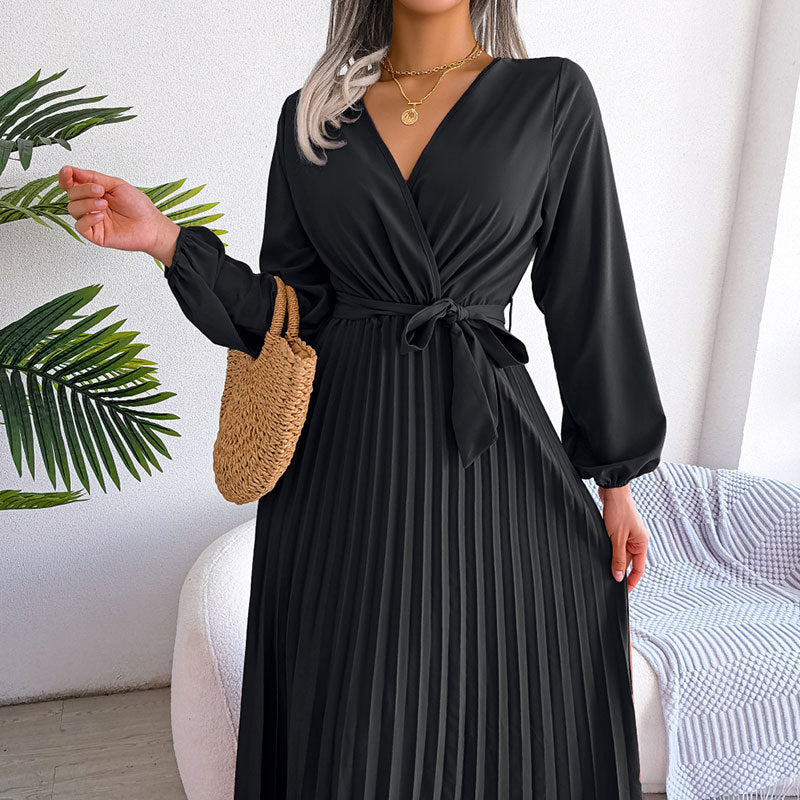 Damen Wickelkleid Faltenrock Langer Arm Eveloria