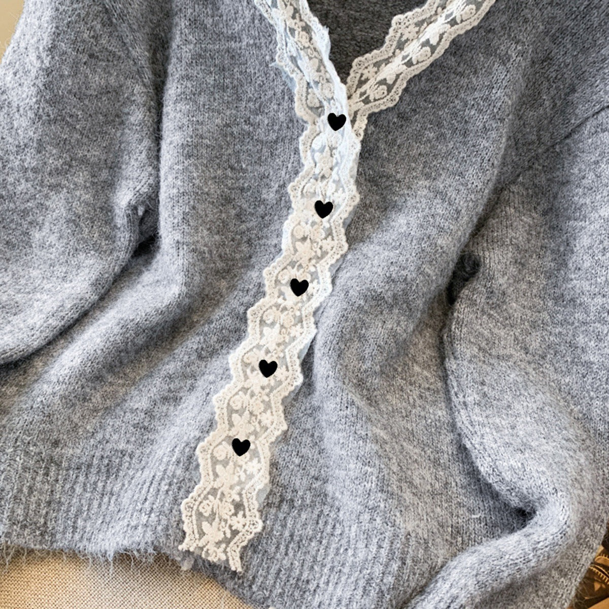 Damen Strickpullover Spitzenverzierung Eleganz