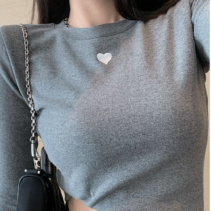 Damen Basic-T-Shirt Langarm mit Herz-Detail Weiss