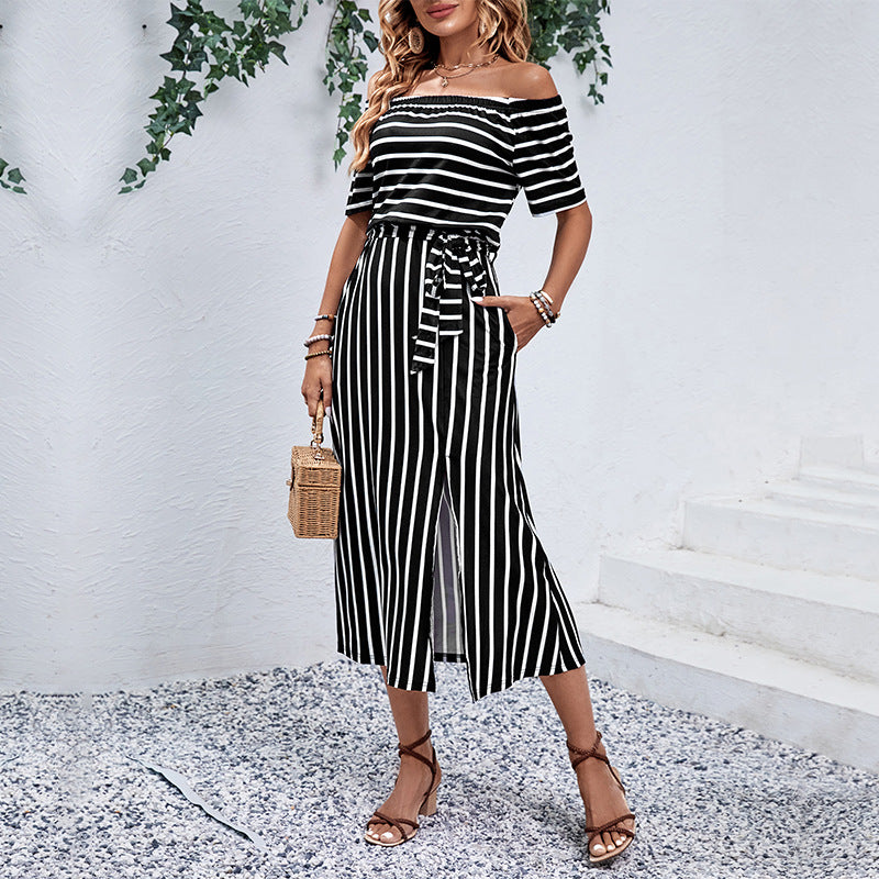 Damen Off-Shoulder Maxikleid Gestreift Eveloria
