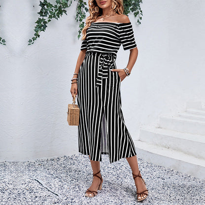 Damen Off-Shoulder Maxikleid Gestreift Eveloria