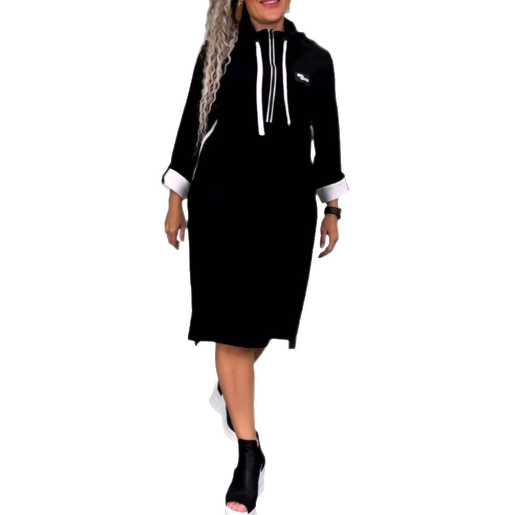 Damen Kapuzenkleid mit Taschen Farbkontrast