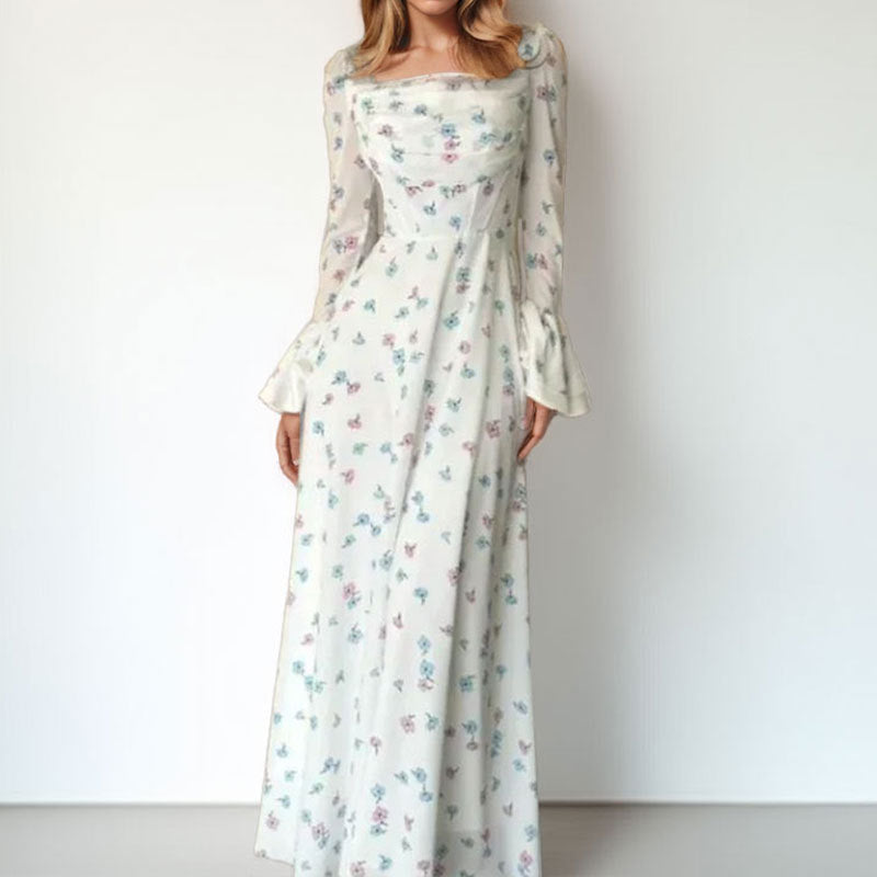 Damen Maxikleid mit Blumenapplikationen und Volumenärmeln