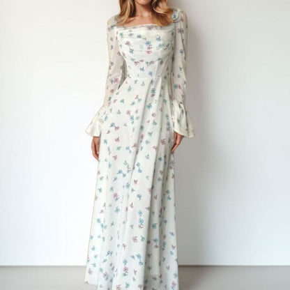 Damen Maxikleid mit Blumenapplikationen und Volumenärmeln