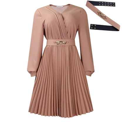 Damen Plissee-Kleid mit Taillengürtel V-Ausschnitt Eveloria