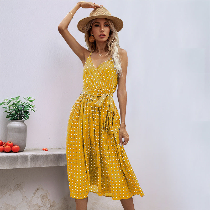Damen Midikleid Taillengürtel Polka Dot Muster