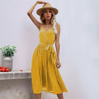 Damen Midikleid Taillengürtel Polka Dot Muster