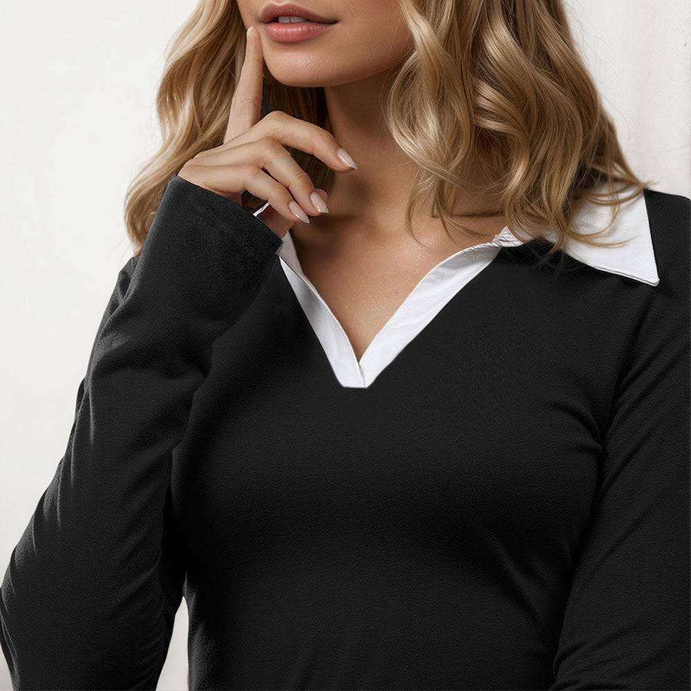 Damen Minikleid mit Kragen Langarm Eveloria