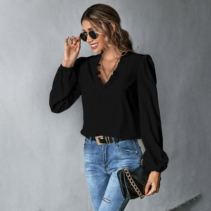 Damen Bluse Rüschendetails Voluminöse Ärmel Eveloria