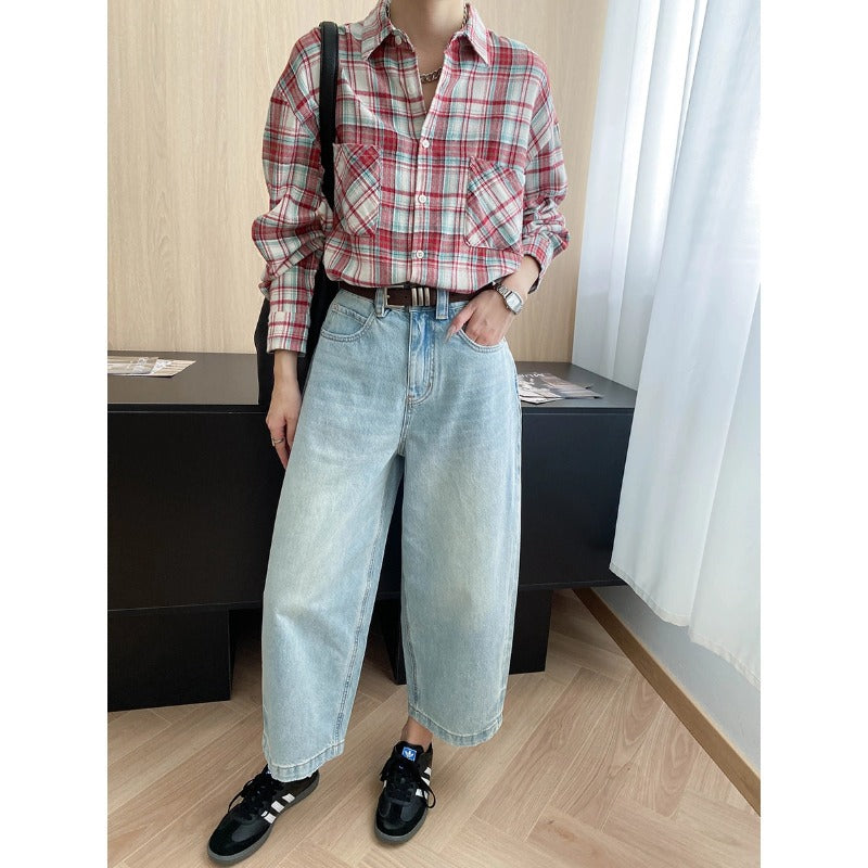 Damen Karo-Hemdbluse Große Taschen Bequem weiß