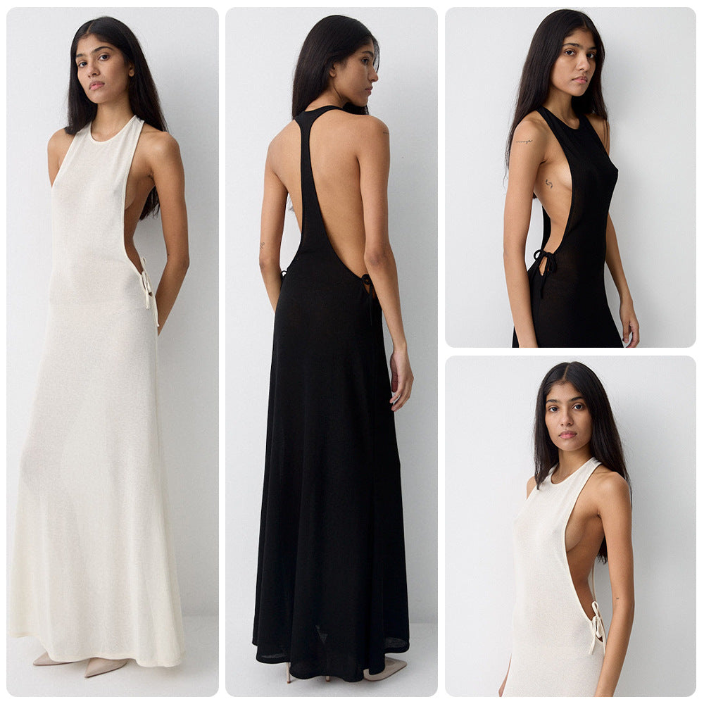 Damen Seidenkleid Lang Elegant Schleifen Schwarz - Eveloria