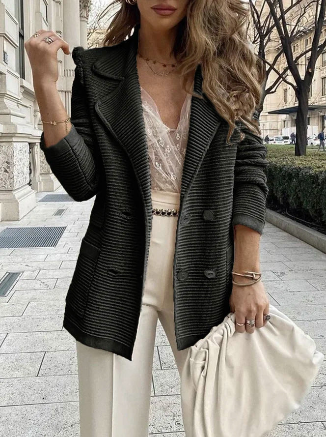 Damen Strickblazer Doppelter Knopfleiste Strukturiert Anthrazit