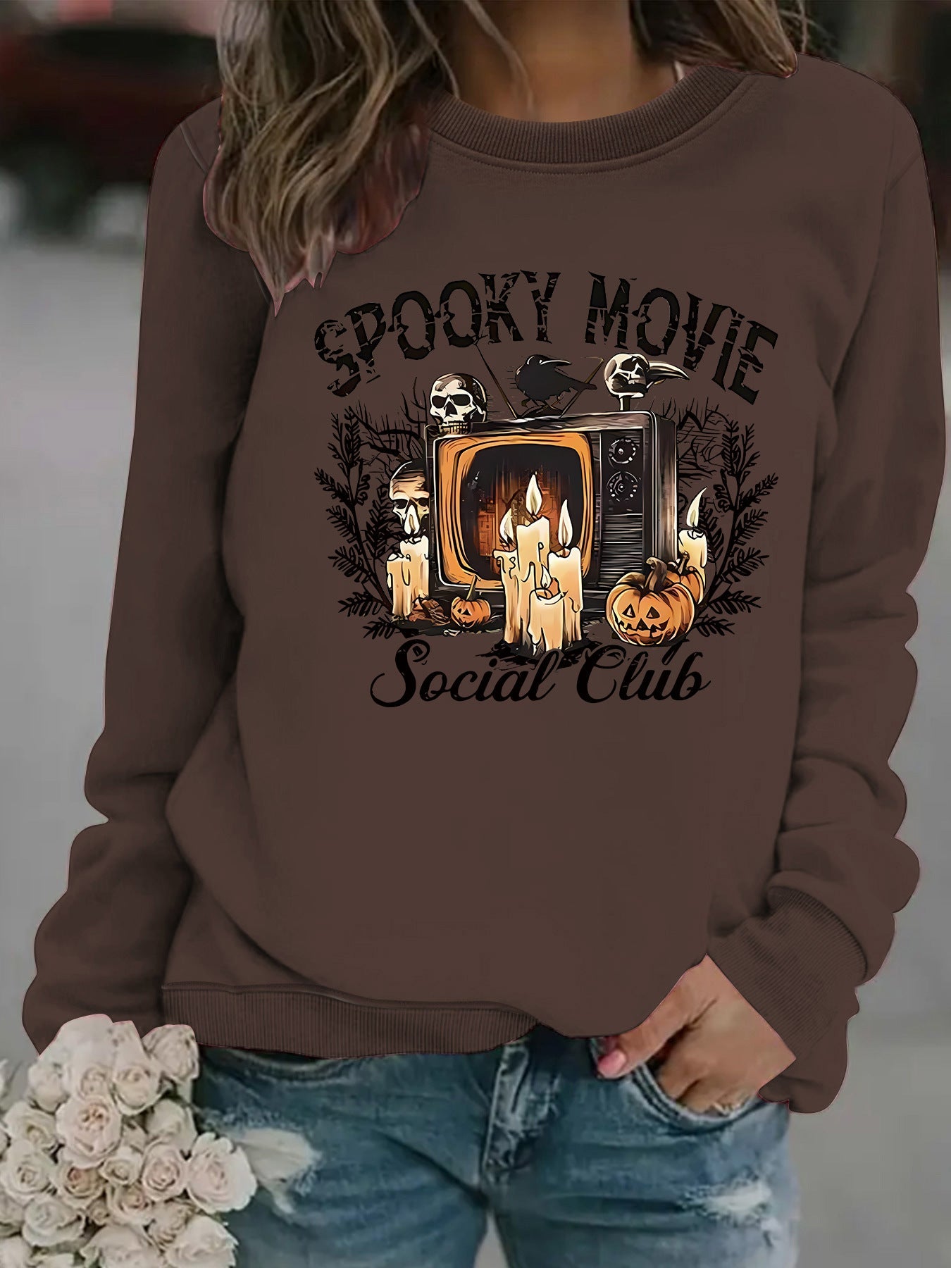 Damen Sweatshirt Spooky Film-Motiv Lässiger Schnitt Eveloria