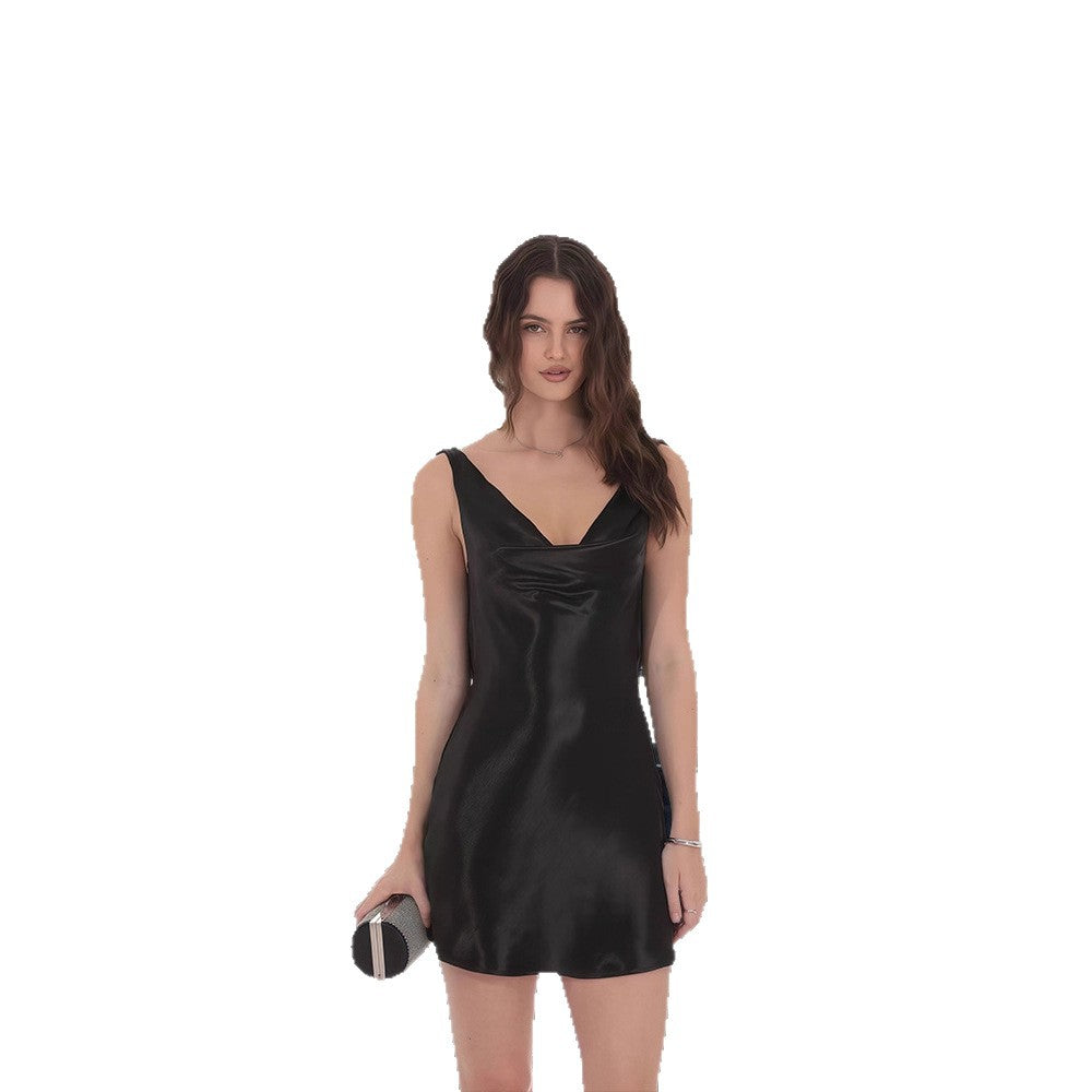 Damen Minikleid Chiffon Wasserfallausschnitt Tiefes Rückendesign