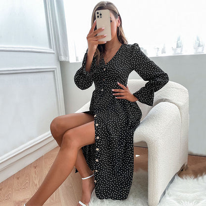 Damen Midi-Kleid Knöpfe Volantärmel Eveloria