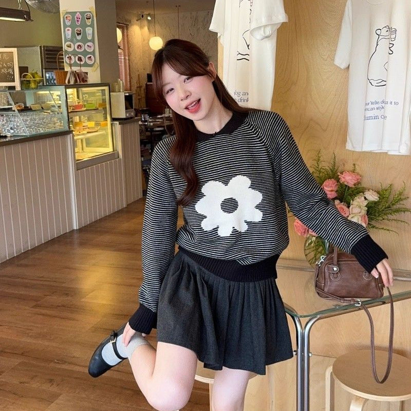 Damen Pullover Gestreift Mit Floralem Muster Lässig