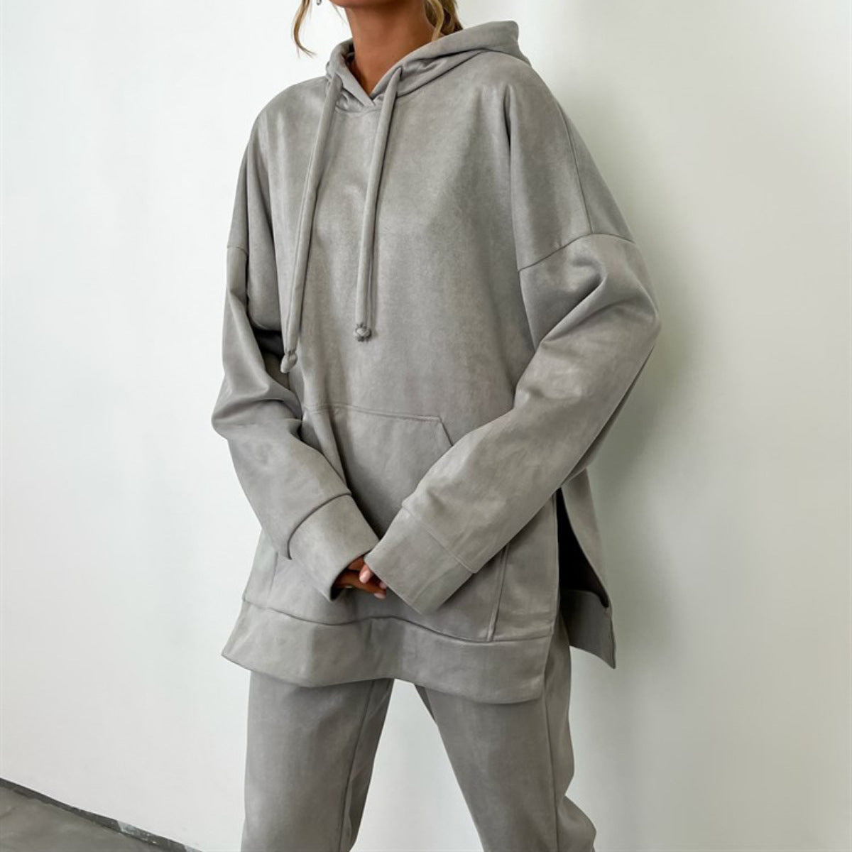 Damen Sweatanzug Kapuze Elastischer Bund Grau Eveloria