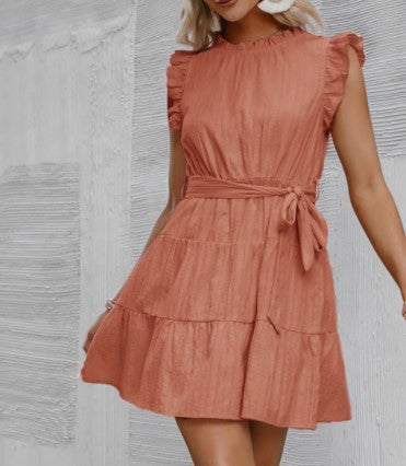 Damen Halbarmkleid Rüschendetails Taillenknoten Eveloria