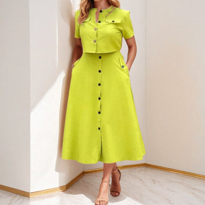 Damen Midi Kleid Knöpfbarem Oberteil Taillierte Silhouette