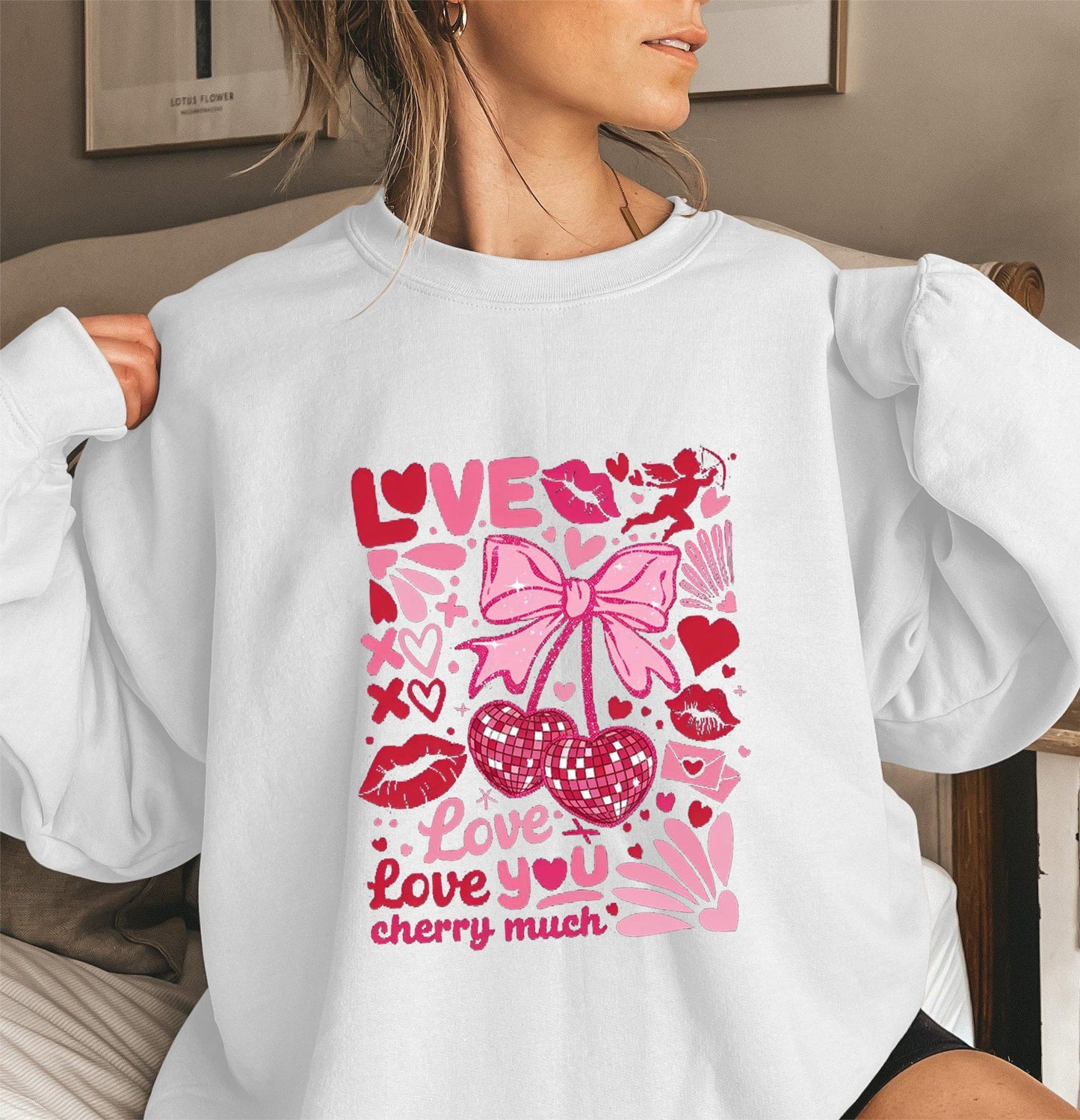 Damen Sweatshirt Voluminöse Ärmel Kirschmotiv