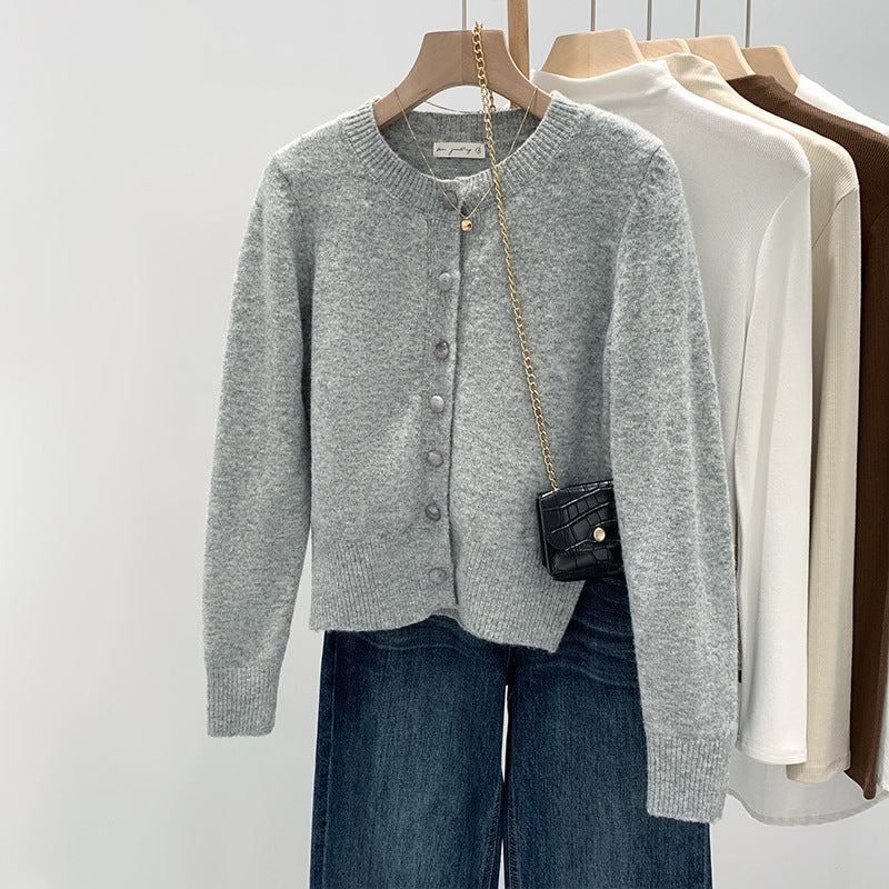 Damen Strickjacke Feinrib mit Knöpfen Beige