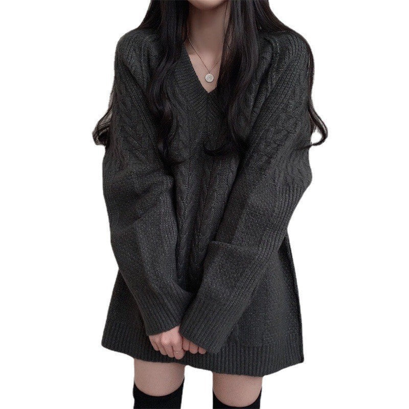 Damen Strickpullover V-Ausschnitt Großes Zopfmuster