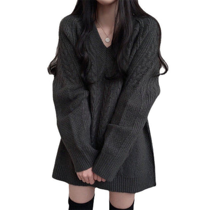 Damen Strickpullover V-Ausschnitt Großes Zopfmuster