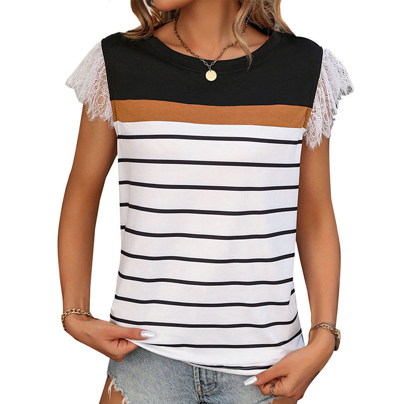 Damen T-Shirt Spitzenärmel Gestreift Weiss