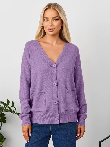 Damen Cardigan Grobstrick V-Ausschnitt mit Taschen Beige