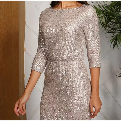 Damen Pailletten-Midikleid Figurbetont Rundhalsausschnitt