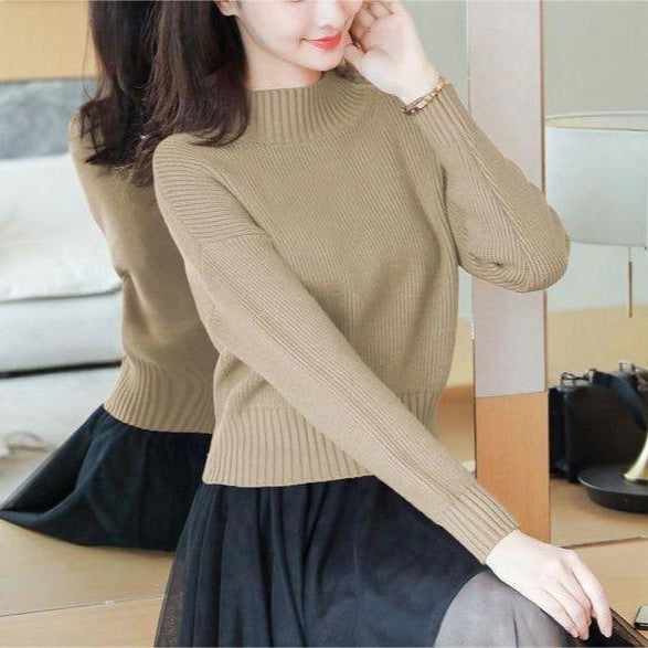 Damen Strickpullover Hochkragen Rippdetails Beige Eveloria