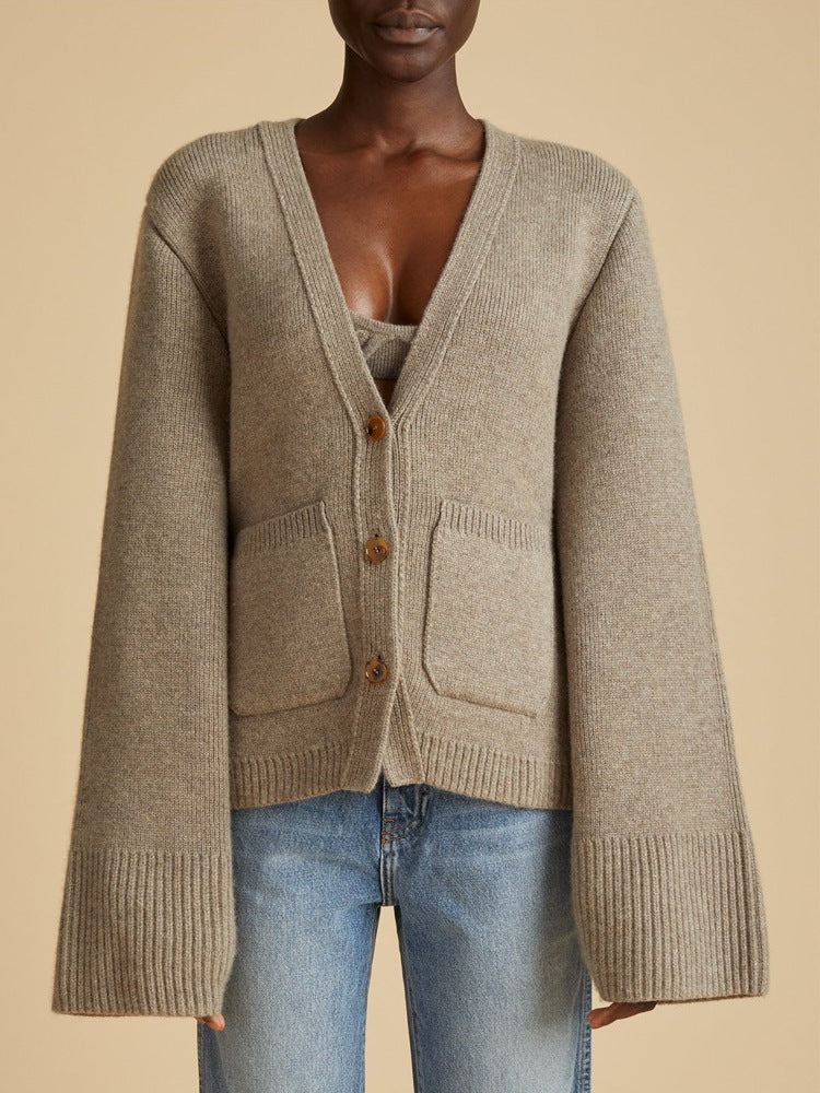 Damen Strickcardigan Übergroße Ärmel Kuschelig Grau Eveloria