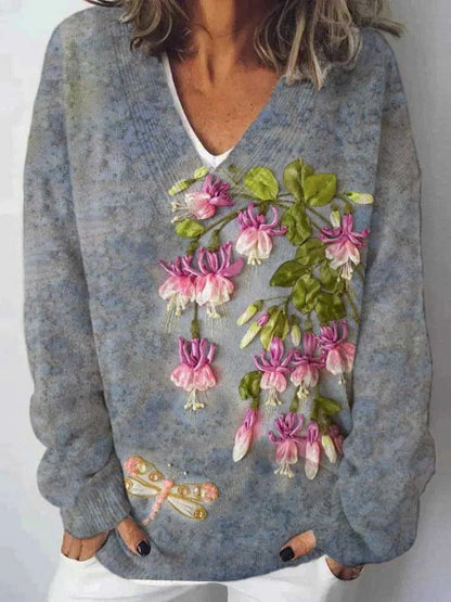 Damen Pullover V-Ausschnitt Floralmuster Lässig Eveloria