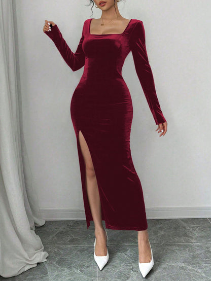 Damen Samt Maxikleid V-Ausschnitt Elegant Eveloria