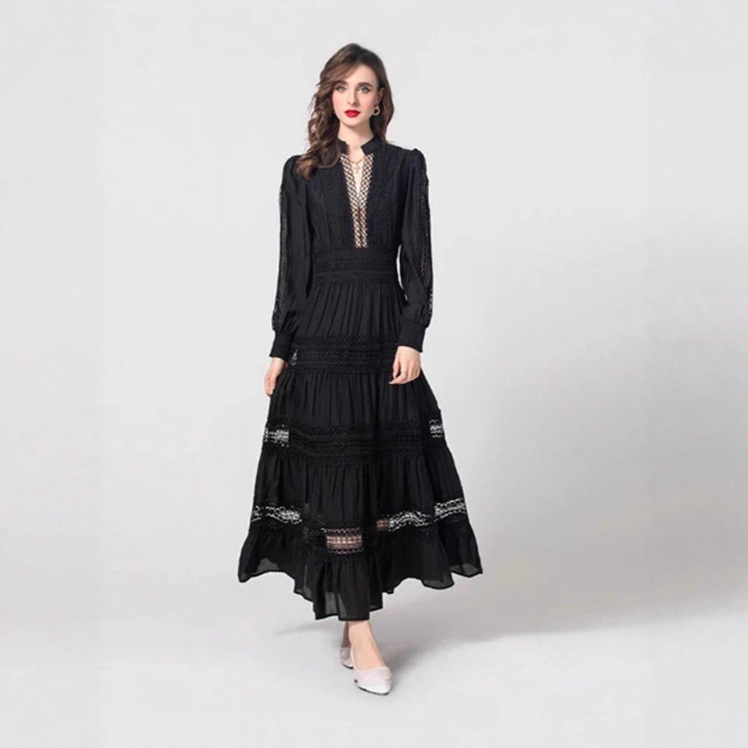 Damen Maxikleid Transparente Einsätze Rüschendetails