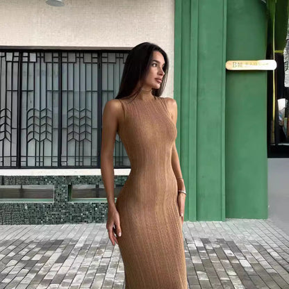 Damen Maxikleid Figurbetont Rippmuster Hochkragen Eveloria