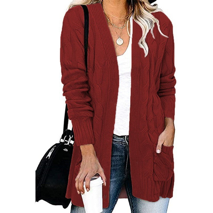 Damen Strickjacke Kabelmuster Offene Taschen Eveloria
