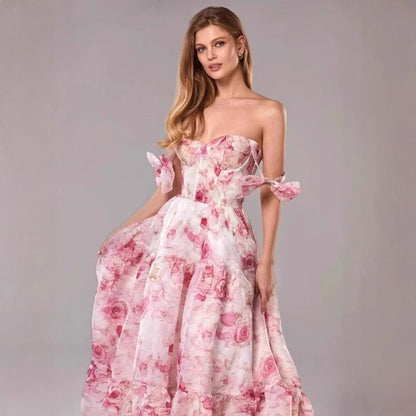 Damen Maxikleid mit Blumenmuster und Rüschen Trägern