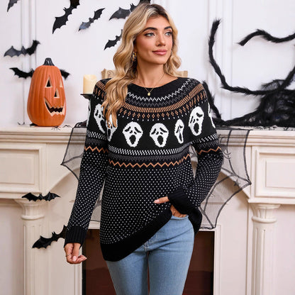 Damen Strickpullover Halloween-Motiv Gemustert