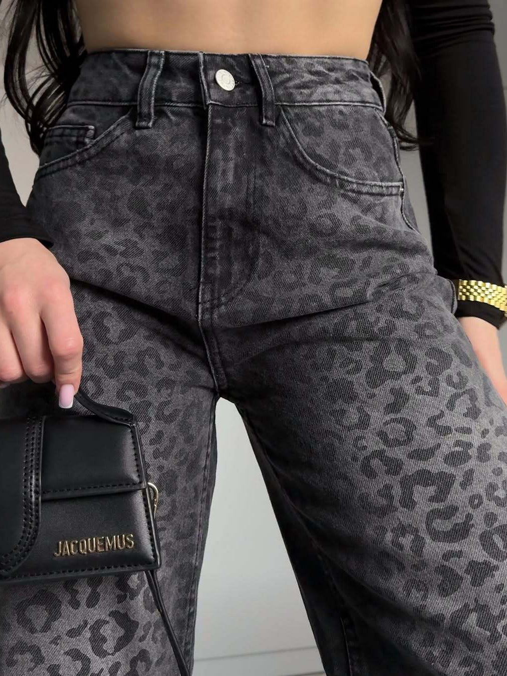 Damen Hochtaillierte Leopardenjeans Weites Bein
