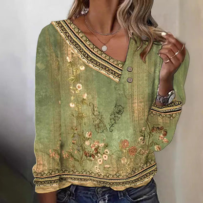 Damen Bluse Floralmuster V-Ausschnitt Eveloria