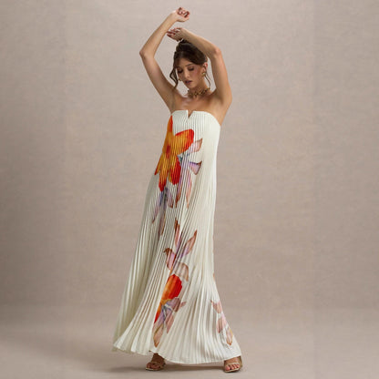 Damen Plisseekleid Trägerlos Floralmuster Eveloria