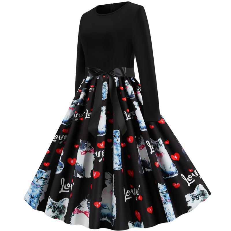 Damen Swingkleid Katzenmotiv Gürtel Elegantes Design