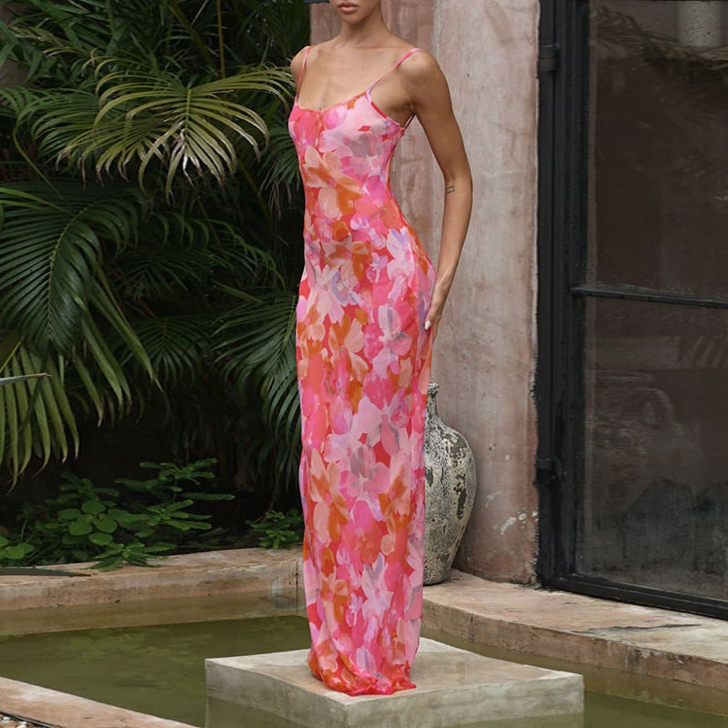 Damen Maxikleid Floral-Muster Spaghettiträger Fließend Eveloria