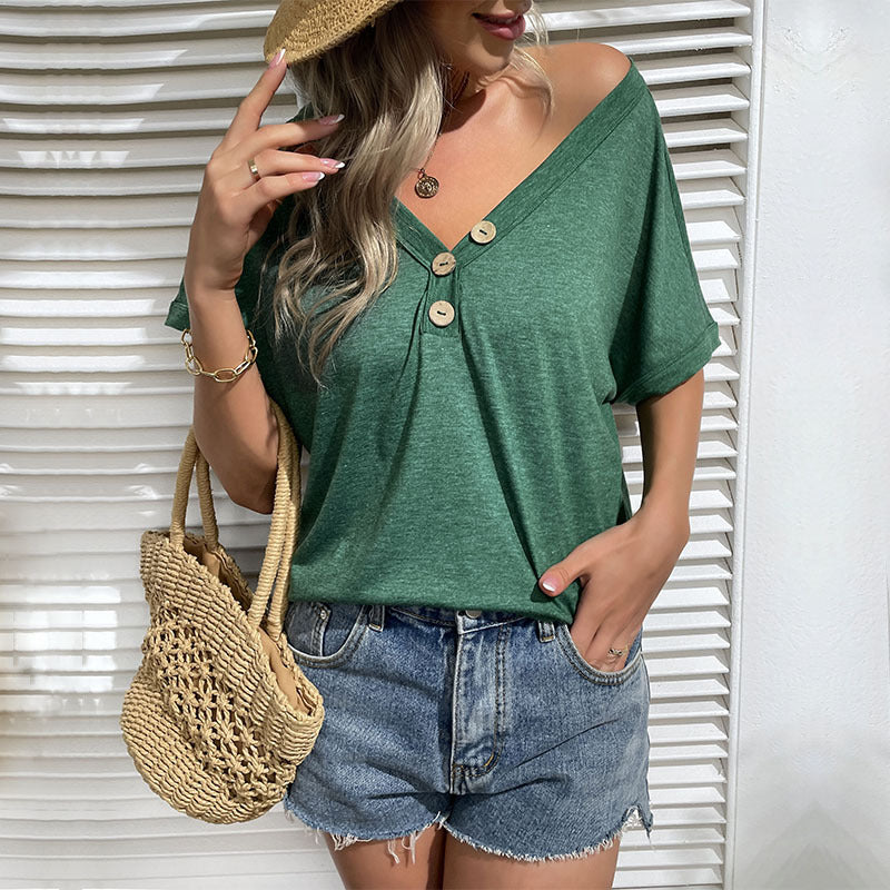 Damen V-Ausschnitt Shirt Kurzärmelig Bluse mit Knopfleiste Weiß - Eveloria