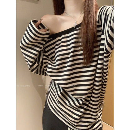 Damen Oversized Off-Shoulder Langarmshirt Streifenmuster Eveloria